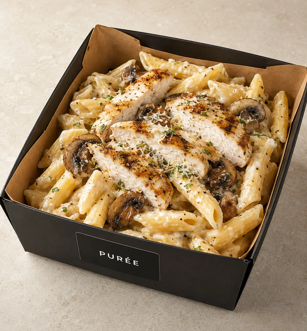PuréeCloud ambalajında Penne Alfredo