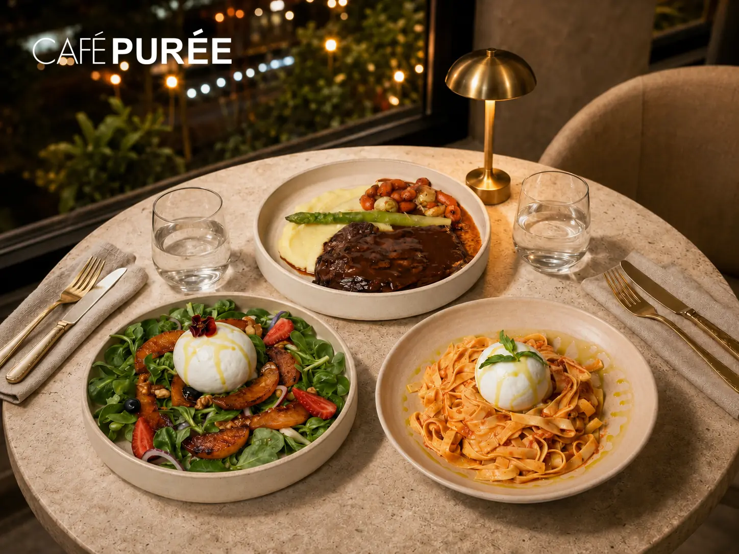 CaféPurée akşam masasında Mushroom Tenderloin, Burrata Şeftali Salata ve Burrata Fettuccine
