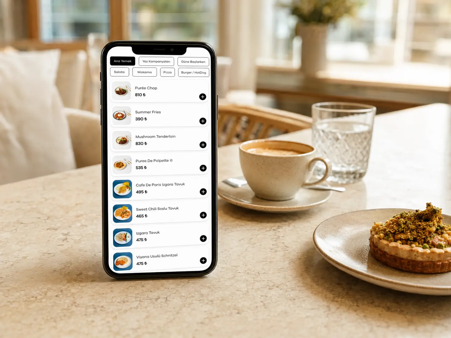 CafePurée QRall dijital menüsünü gösteren telefon