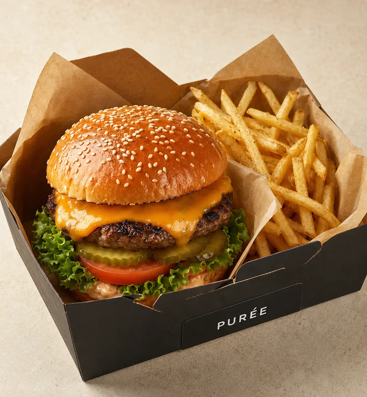 PuréeCloud ambalajında Cheeseburger