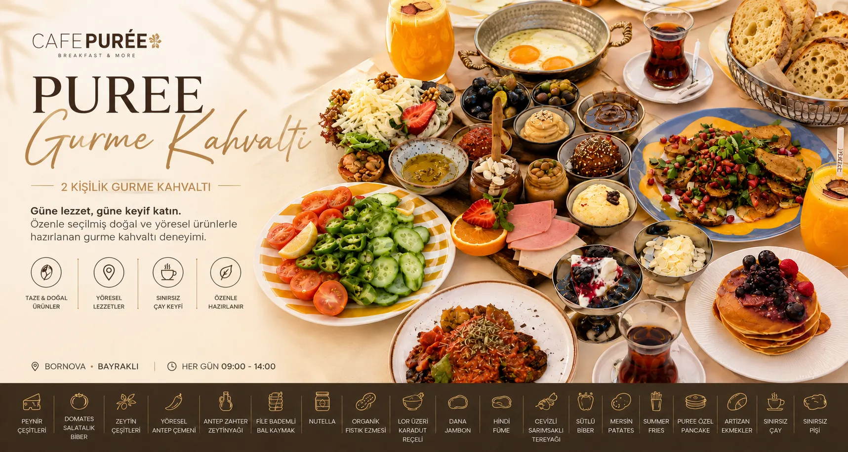 İzmir Bornova CafePurée Purée Gurme Kahvaltı sofrası